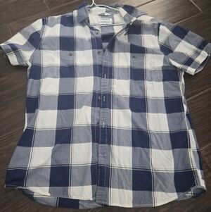 Express Mens Navy and White Plaid Casual Shirt